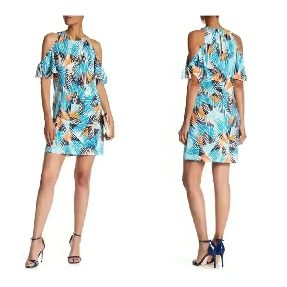London Times Tropical Palm Print Cold Shoulder Shift Dress Size 4 Teal Blue NWOT